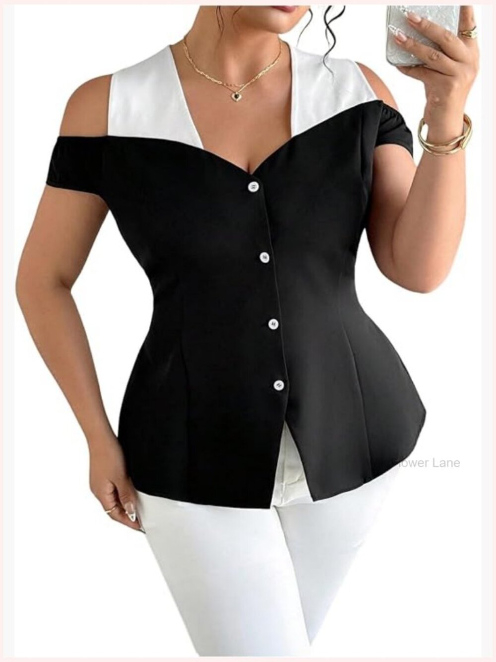 Plus Size Cold Shoulder Button Down Blouse Short Sleeve Top
